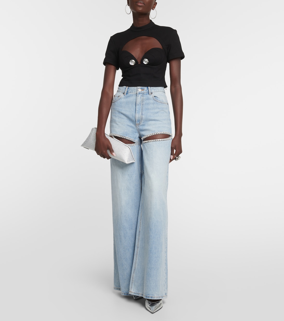 Cutout embellished high-rise wide-leg jeans | Area