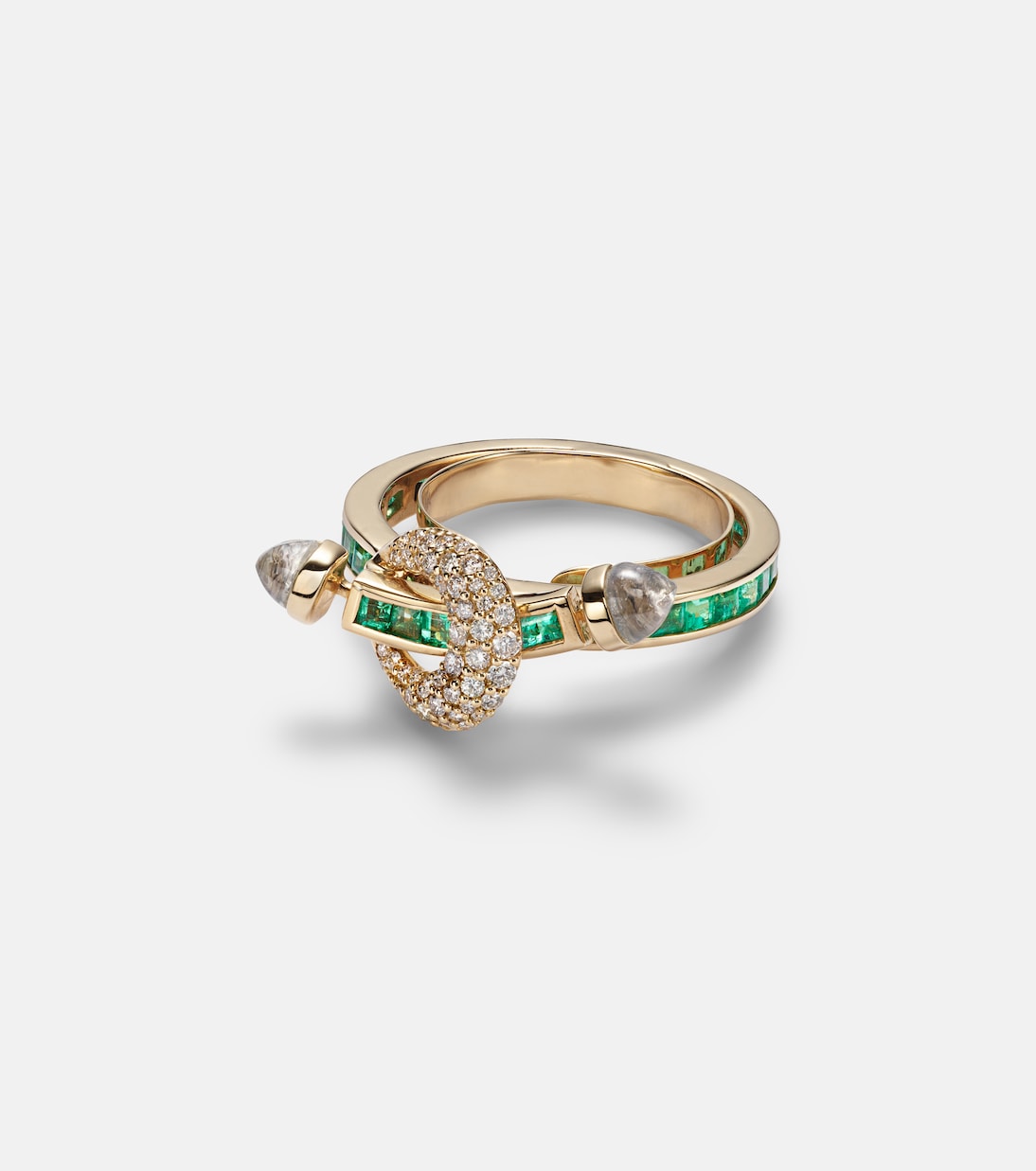 Ring Chakra aus 18kt Gelbgold (750/1000) mit Diamanten, Smaragden und Quarz | Ananya