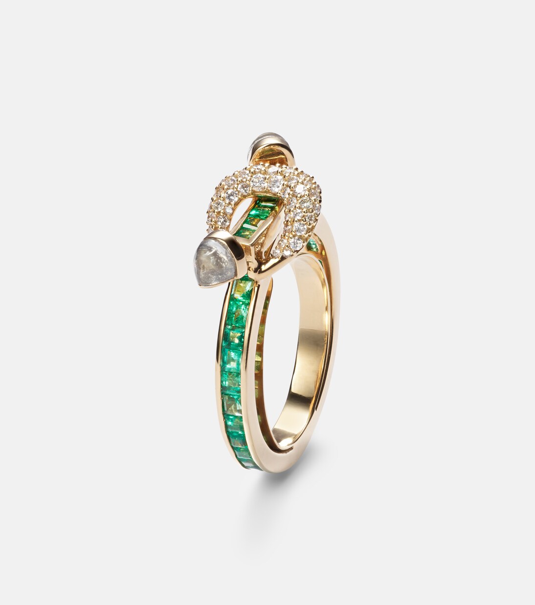 Ring Chakra aus 18kt Gelbgold (750/1000) mit Diamanten, Smaragden und Quarz | Ananya