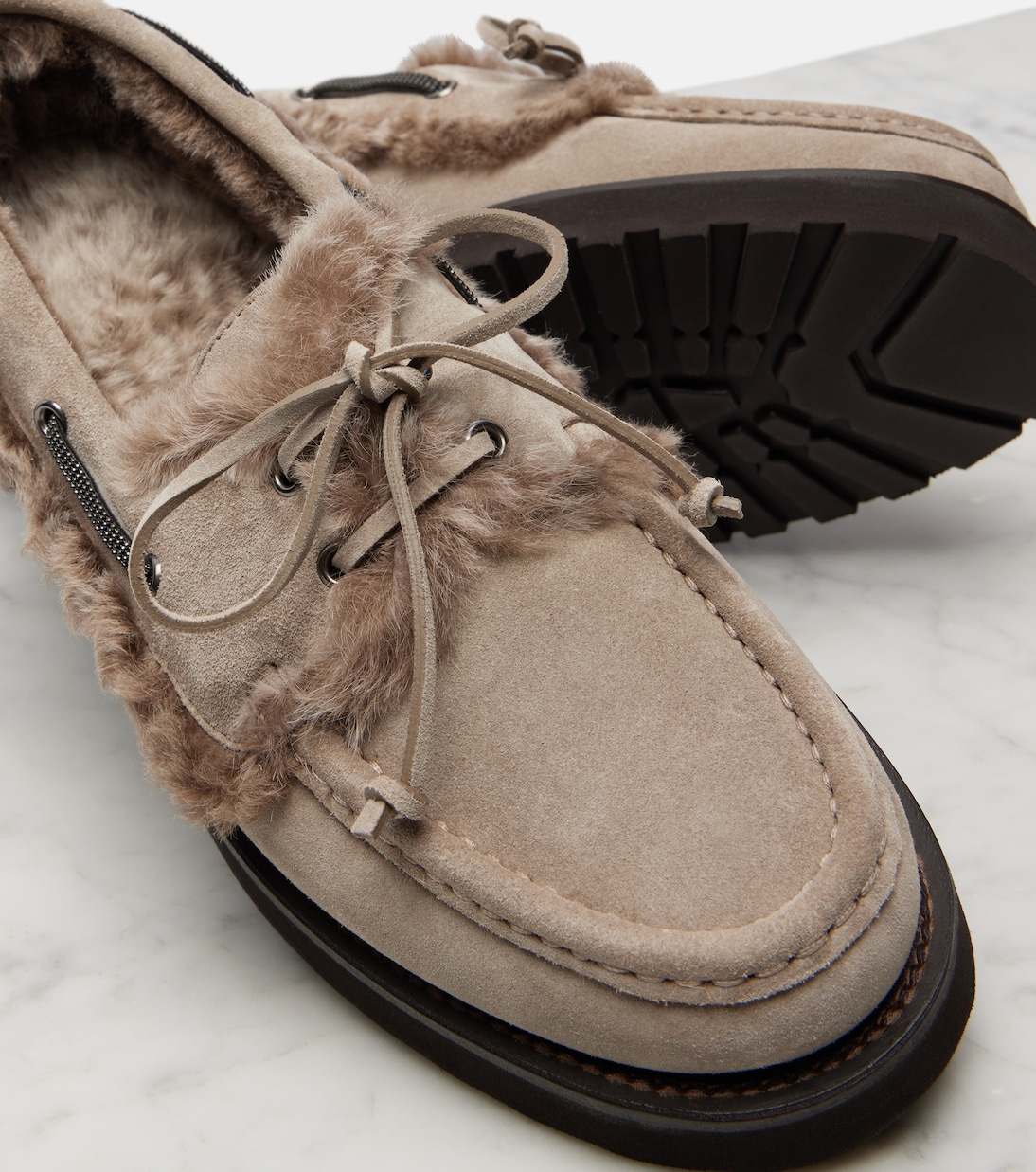 Monili shearling-trimmed suede boat shoes | Brunello Cucinelli