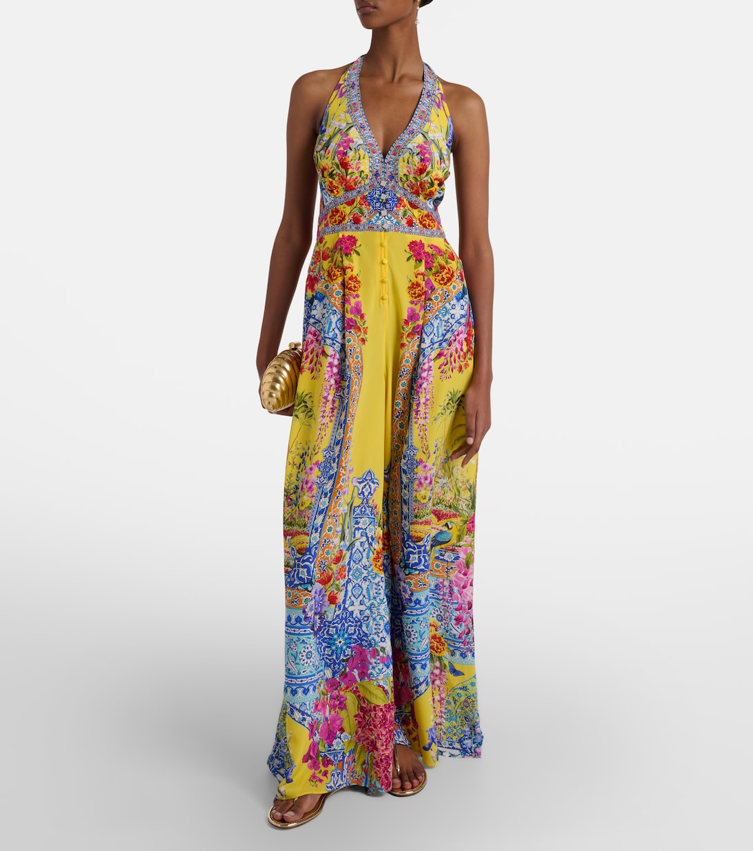Embellished halterneck silk crêpe jumpsuit | Camilla
