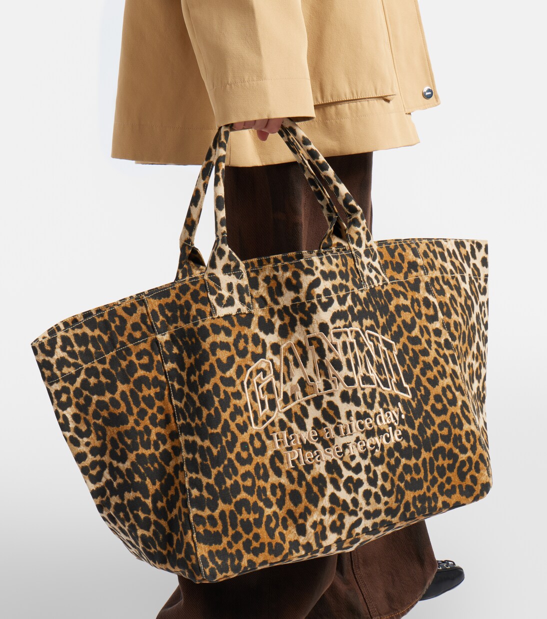 Large leopard-print canvas tote bag | Ganni