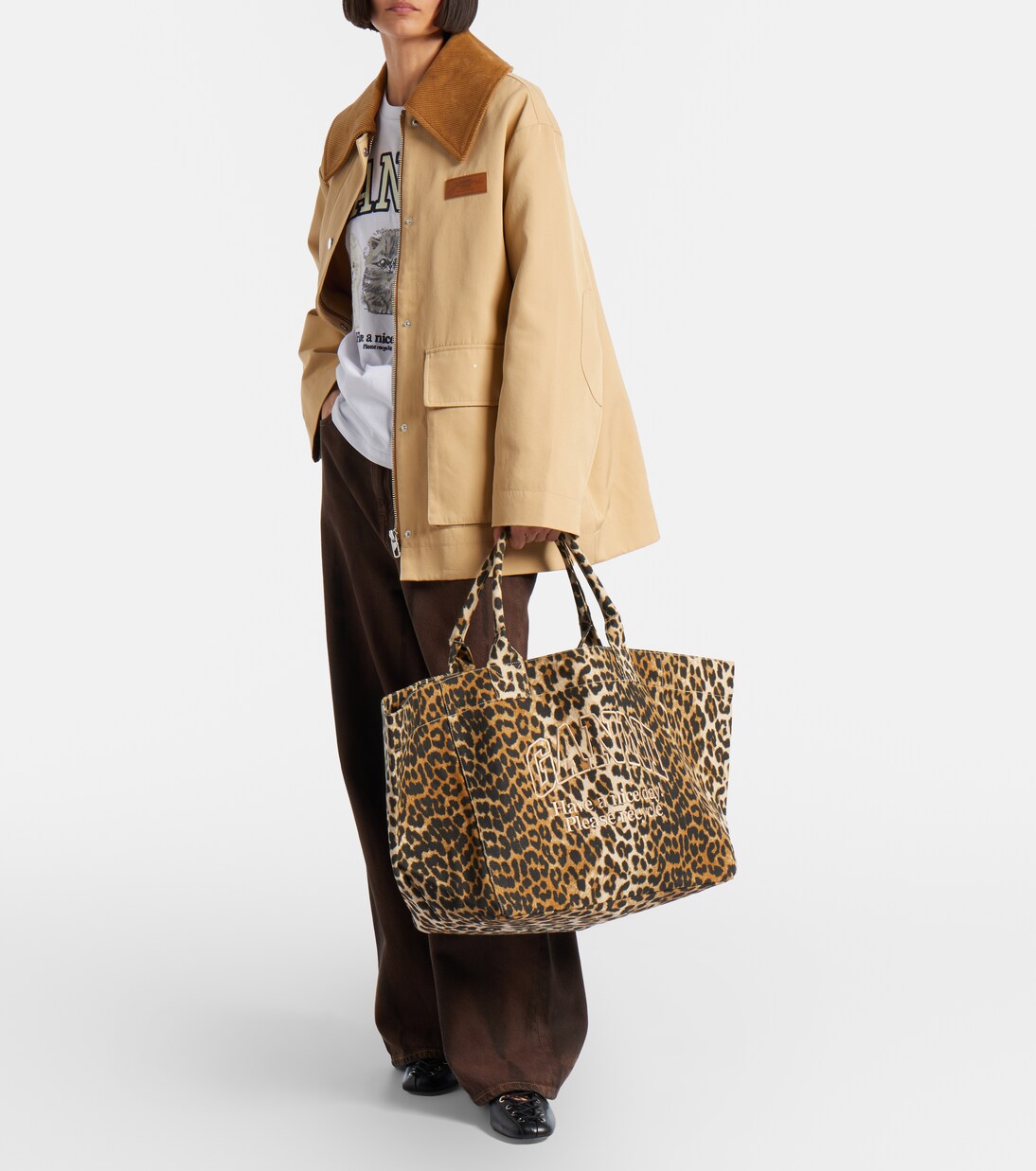 Large leopard-print canvas tote bag | Ganni