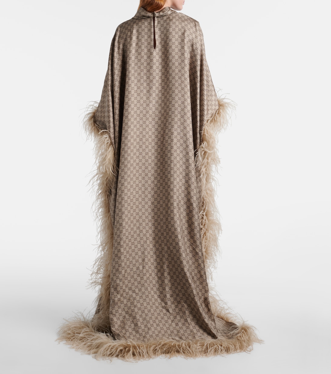 Caftano GG in twill di seta con piume | Gucci