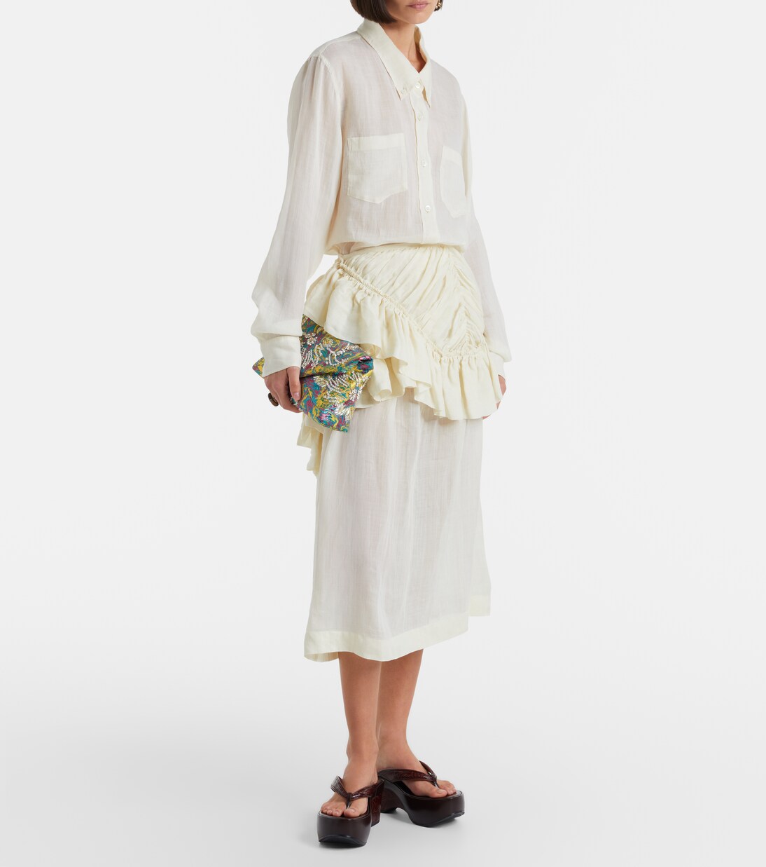 荷叶边苎麻纤维中长半身裙 | Dries Van Noten