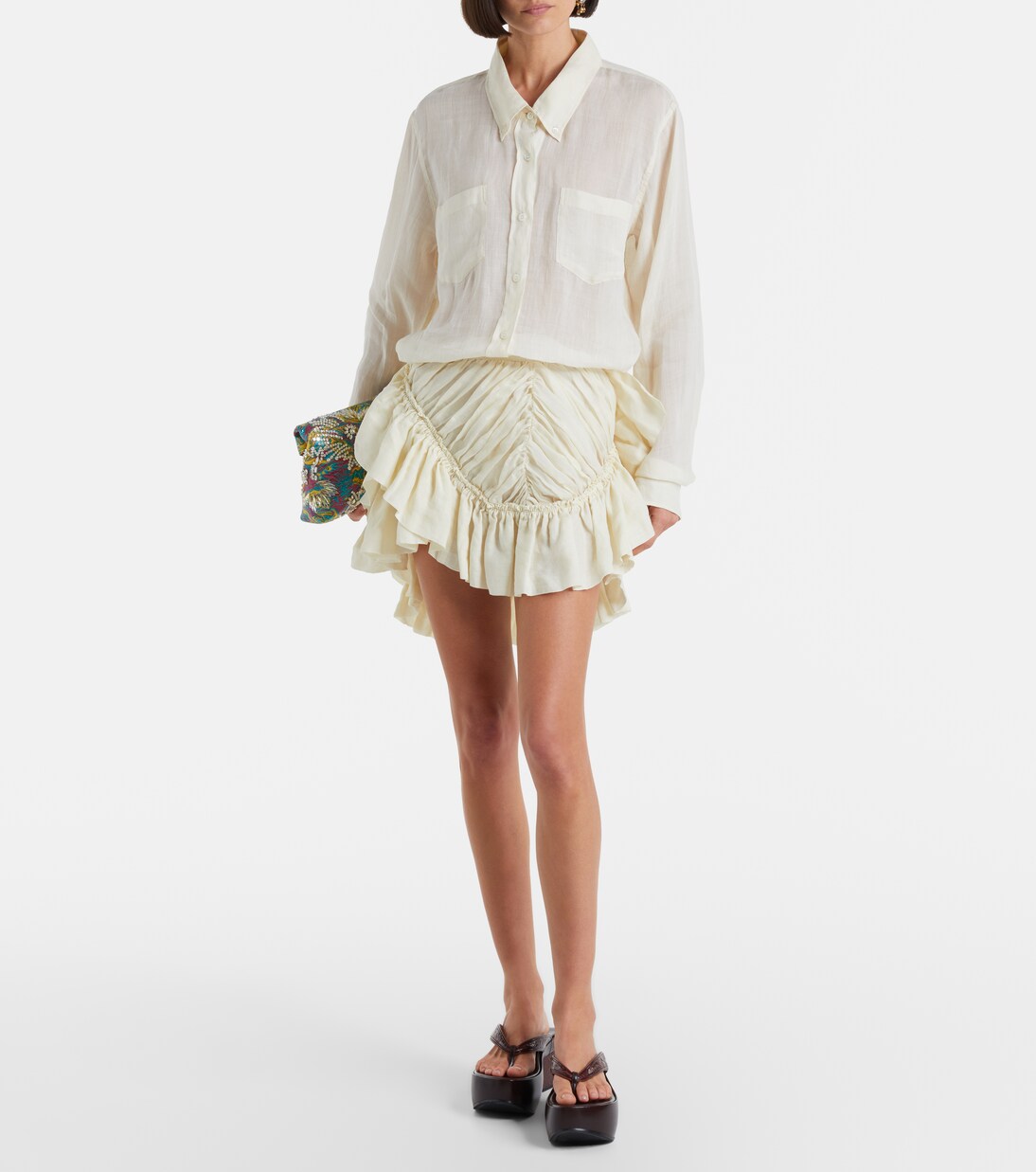 荷叶边苎麻纤维中长半身裙 | Dries Van Noten