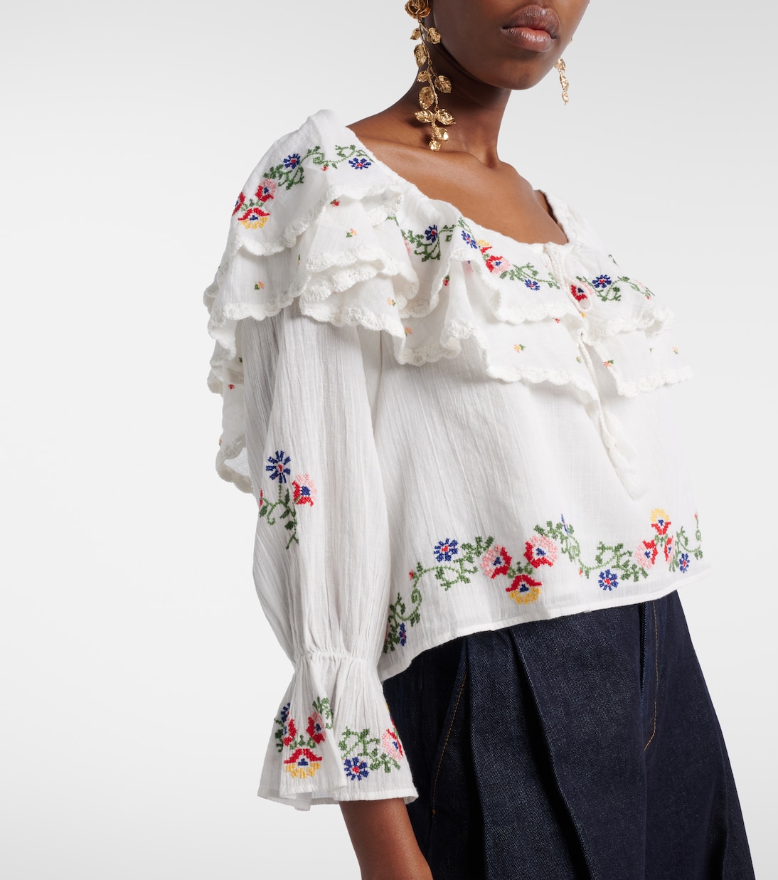 Maurine embroidered ruffled cotton top | Rixo