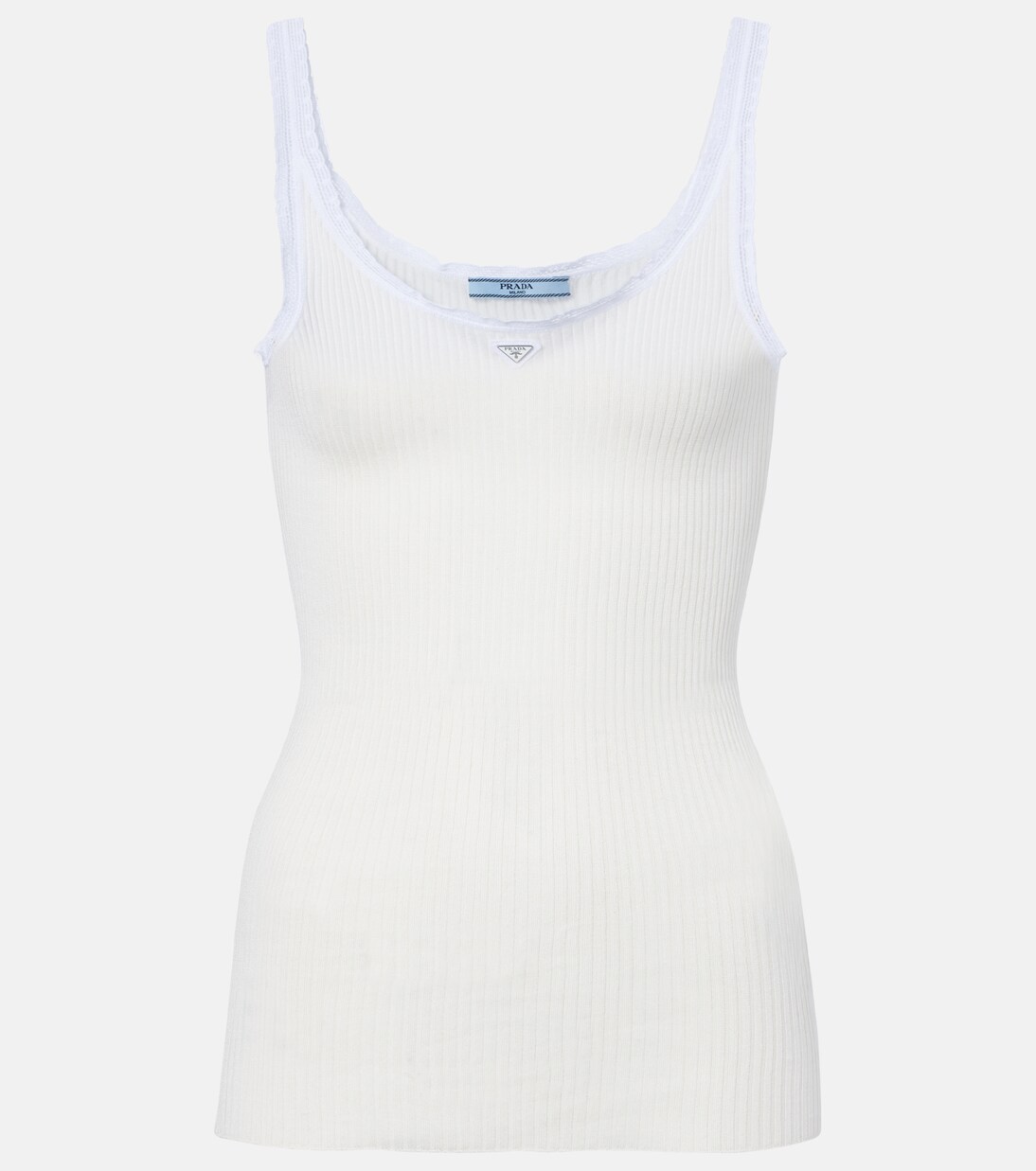 Lace-trimmed ribbed-knit cotton tank top | Prada