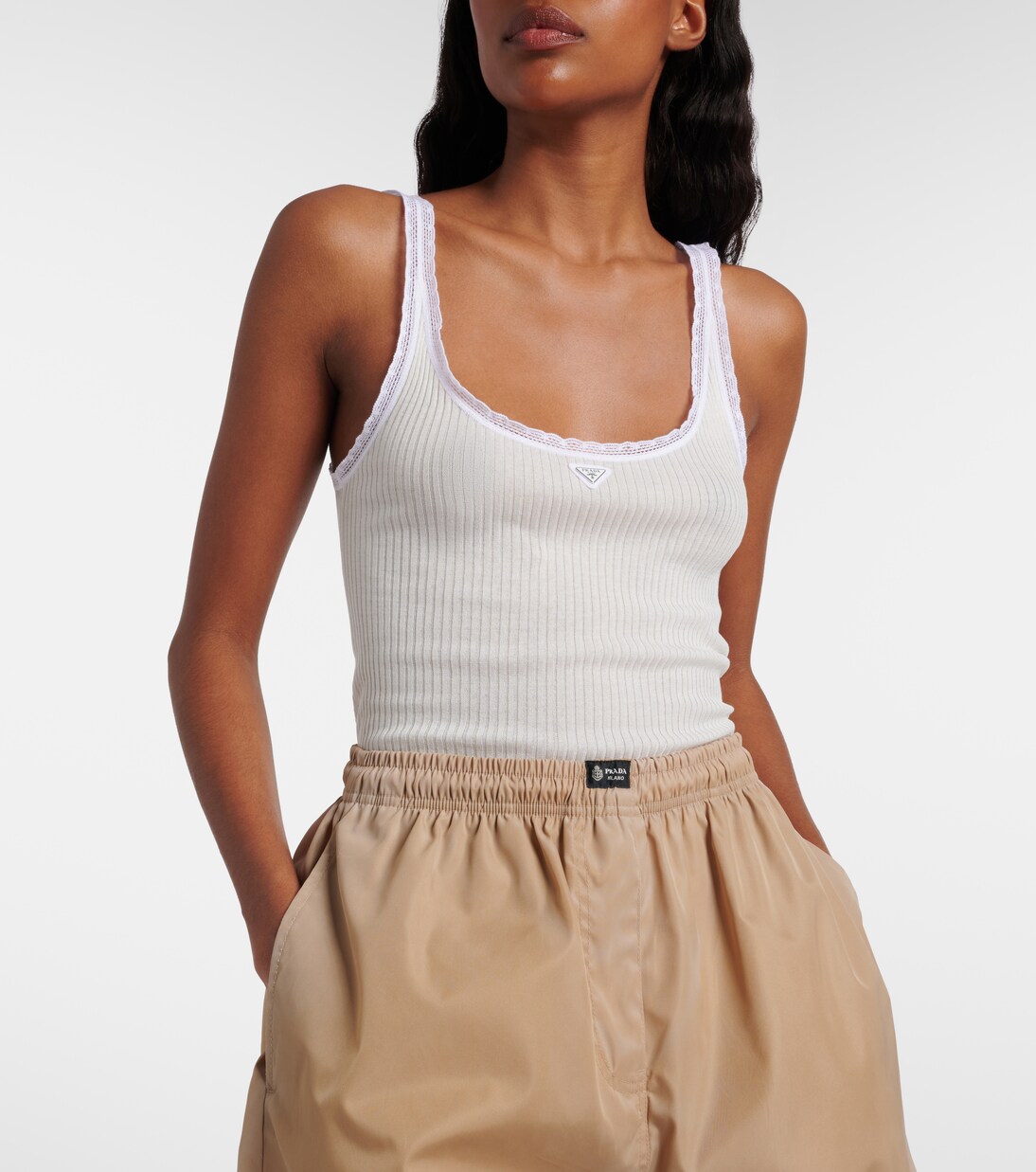 Lace-trimmed ribbed-knit cotton tank top | Prada