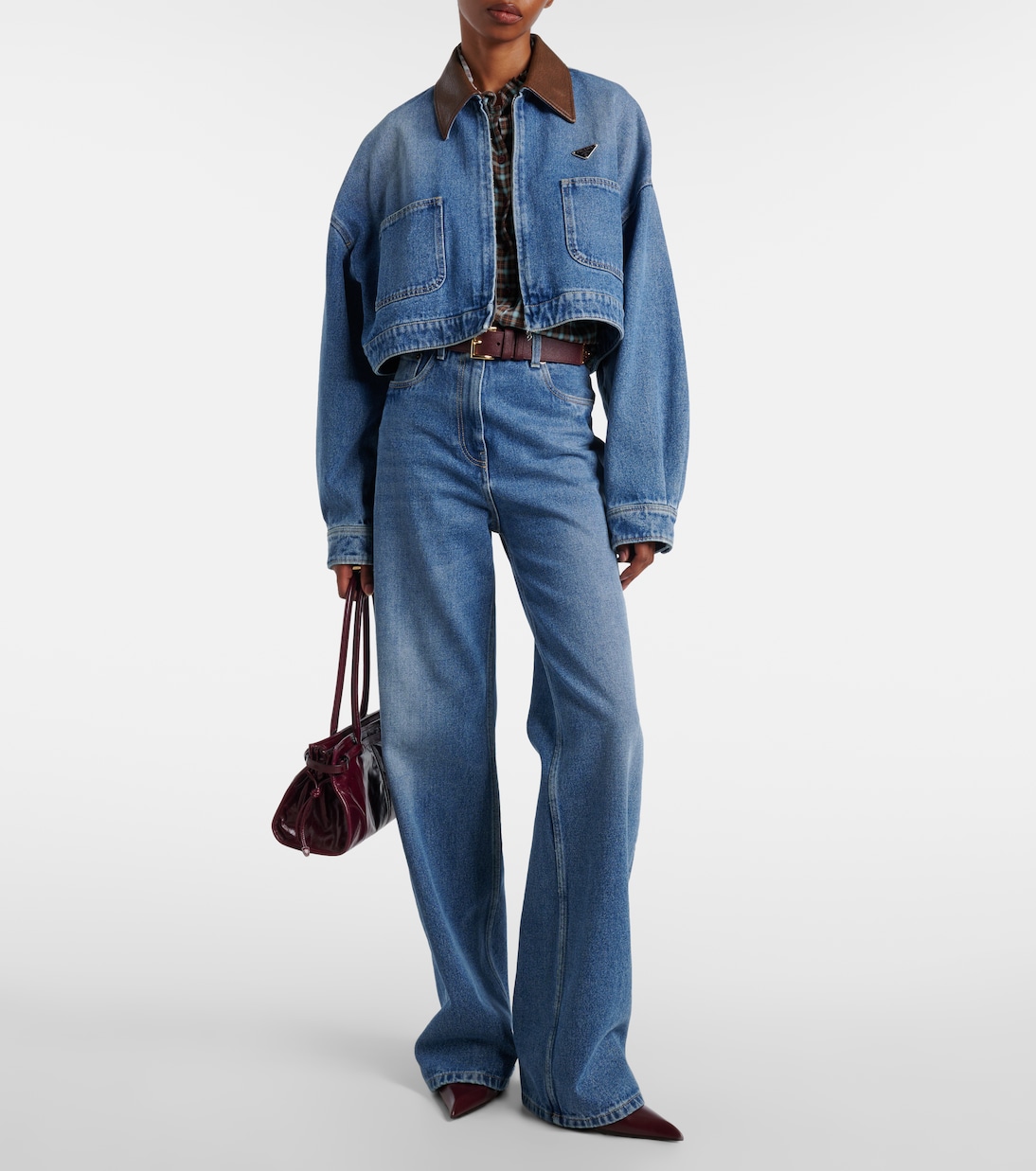 Veste raccourcie en jean et cuir | Prada