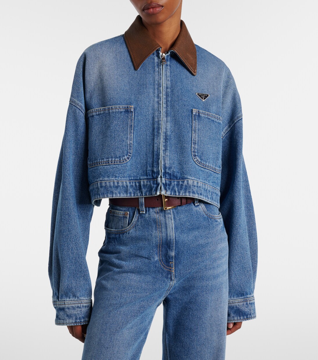 Veste raccourcie en jean et cuir | Prada