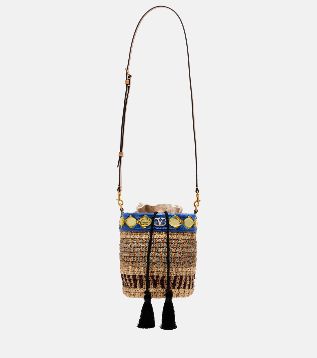 VLogo Small embellished raffia-effect bucket bag | Valentino Garavani