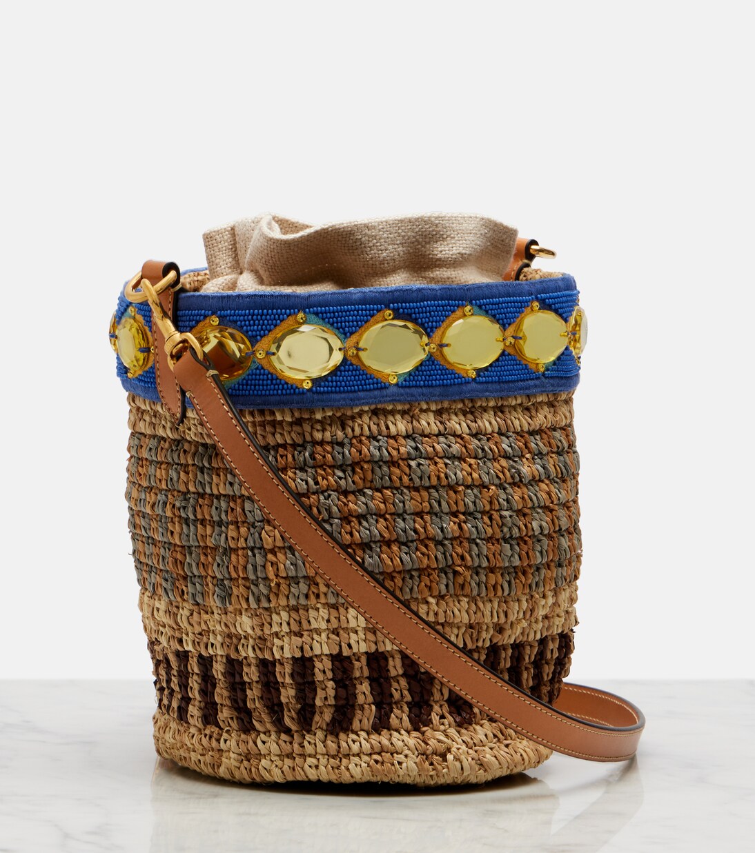 VLogo Small embellished raffia-effect bucket bag | Valentino Garavani