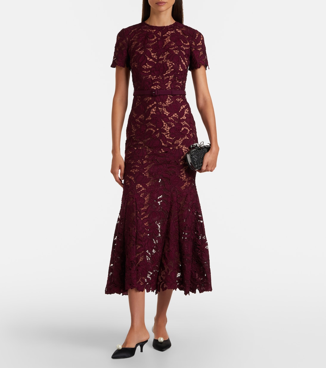 Belted floral guipure lace midi dress | Self-Portrait