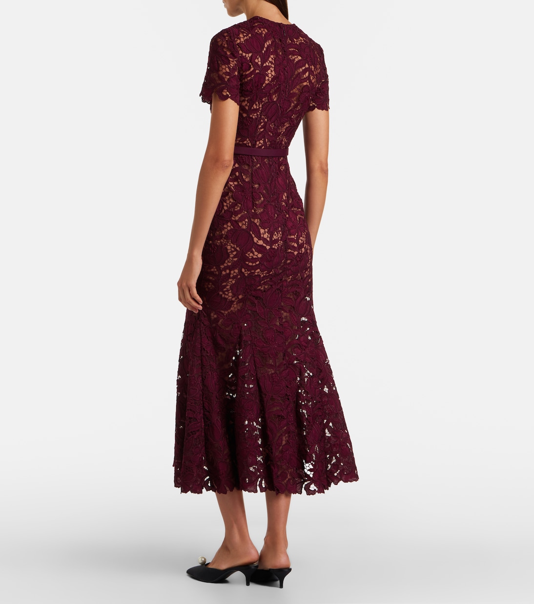 Belted floral guipure lace midi dress | Self-Portrait