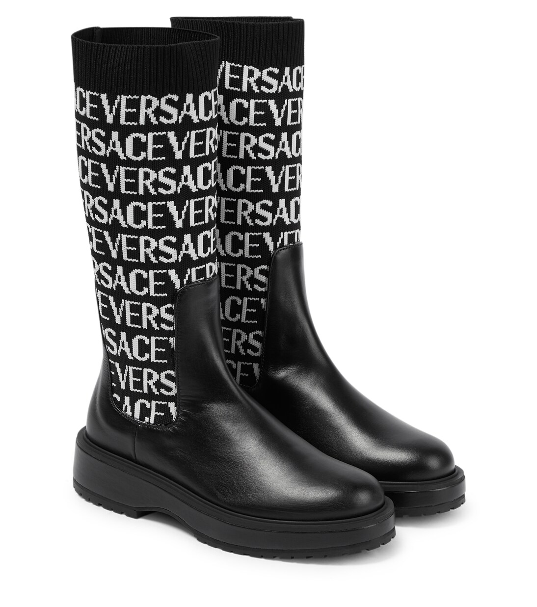 Jacquard knit-trimmed leather boots | Versace Kids