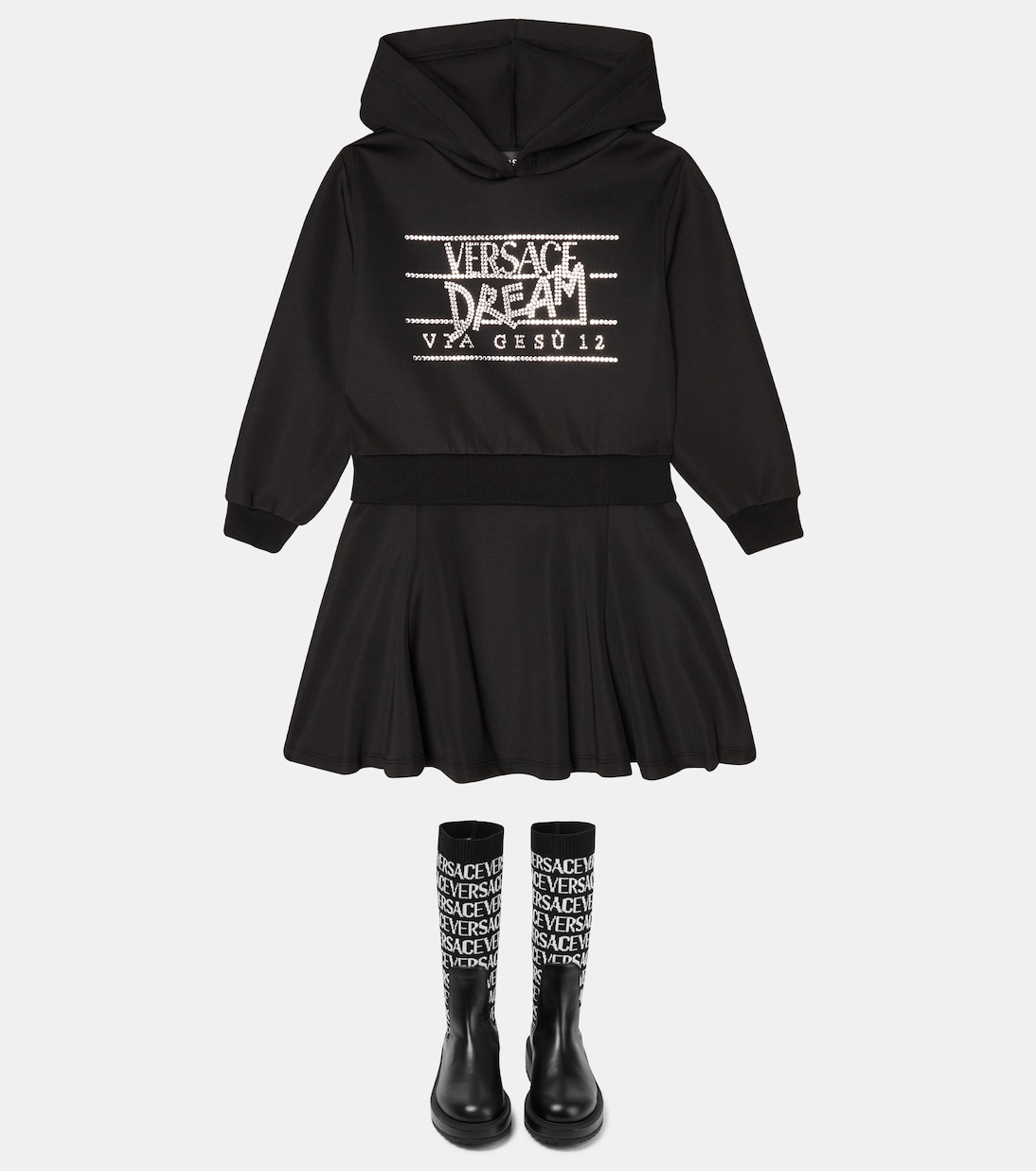 Jacquard knit-trimmed leather boots | Versace Kids