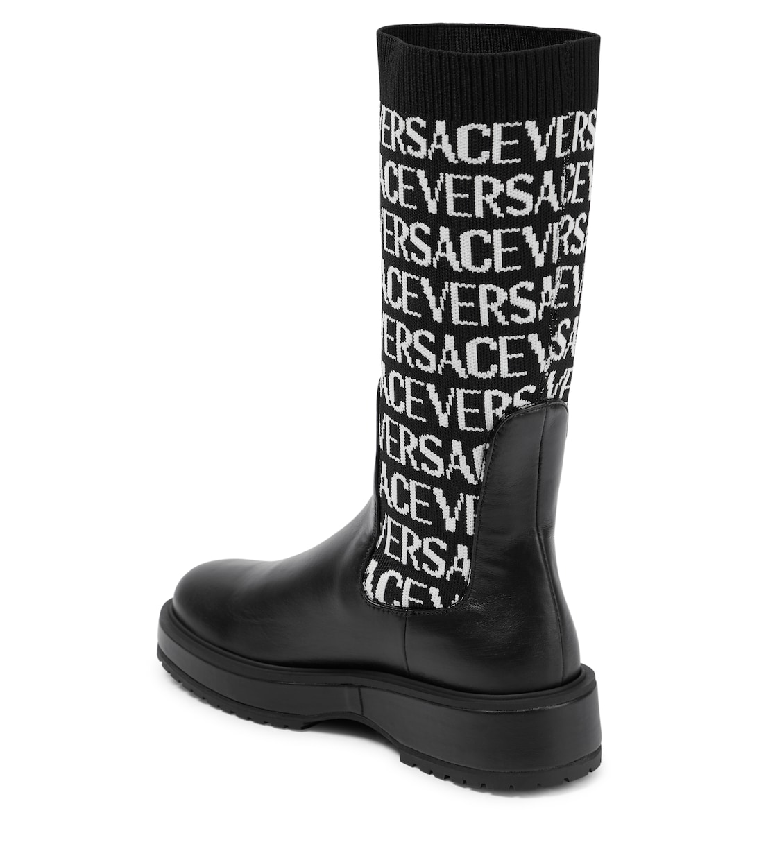 Jacquard knit-trimmed leather boots | Versace Kids