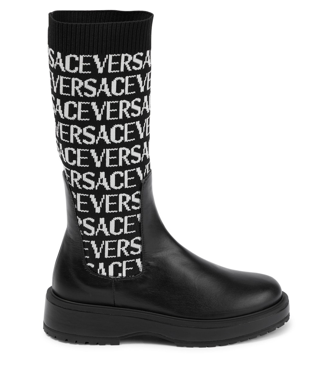 Jacquard knit-trimmed leather boots | Versace Kids