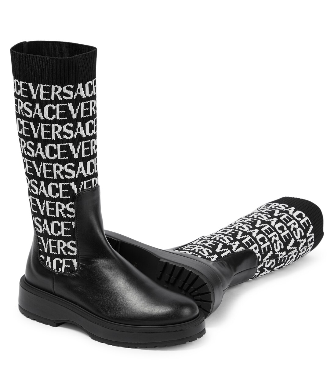Jacquard knit-trimmed leather boots | Versace Kids