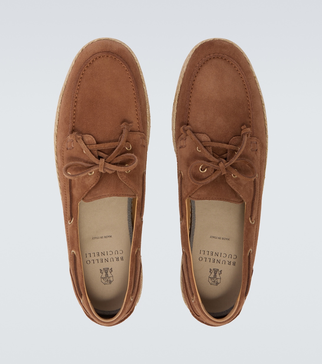 Jute-trimmed suede boat shoes | Brunello Cucinelli