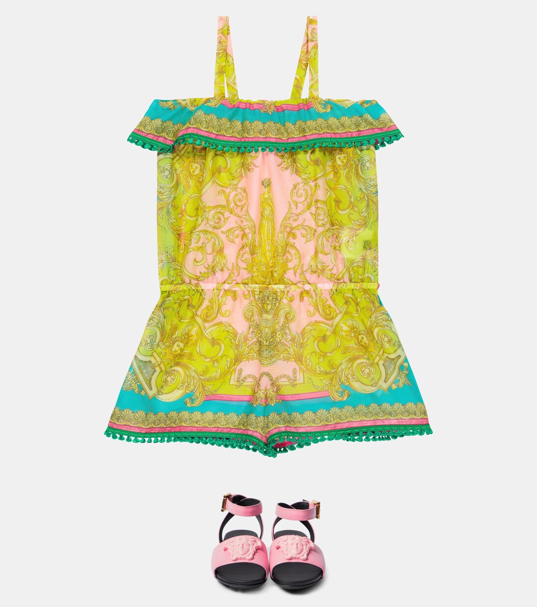 Barocco Goddess cotton and silk playsuit | Versace Kids