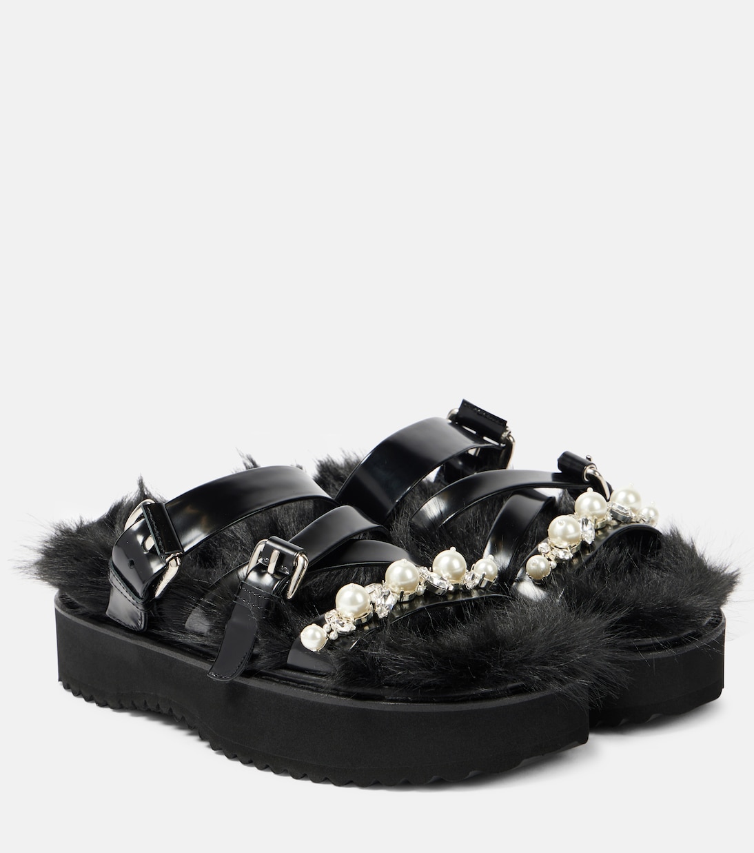 Verzierte Plateausandalen aus Leder mit Faux Fur | Simone Rocha