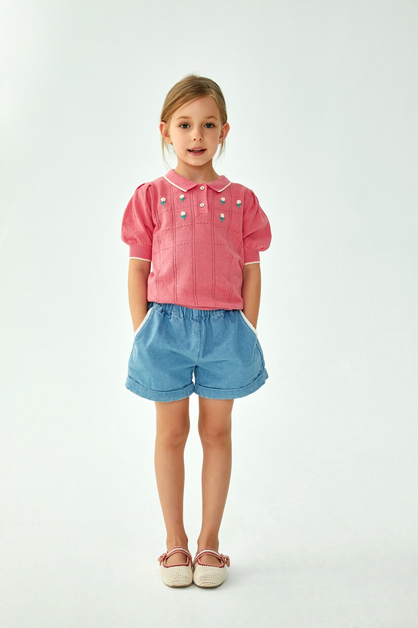 Floral-appliqué embroidered polo sweater | C'era Una Volta