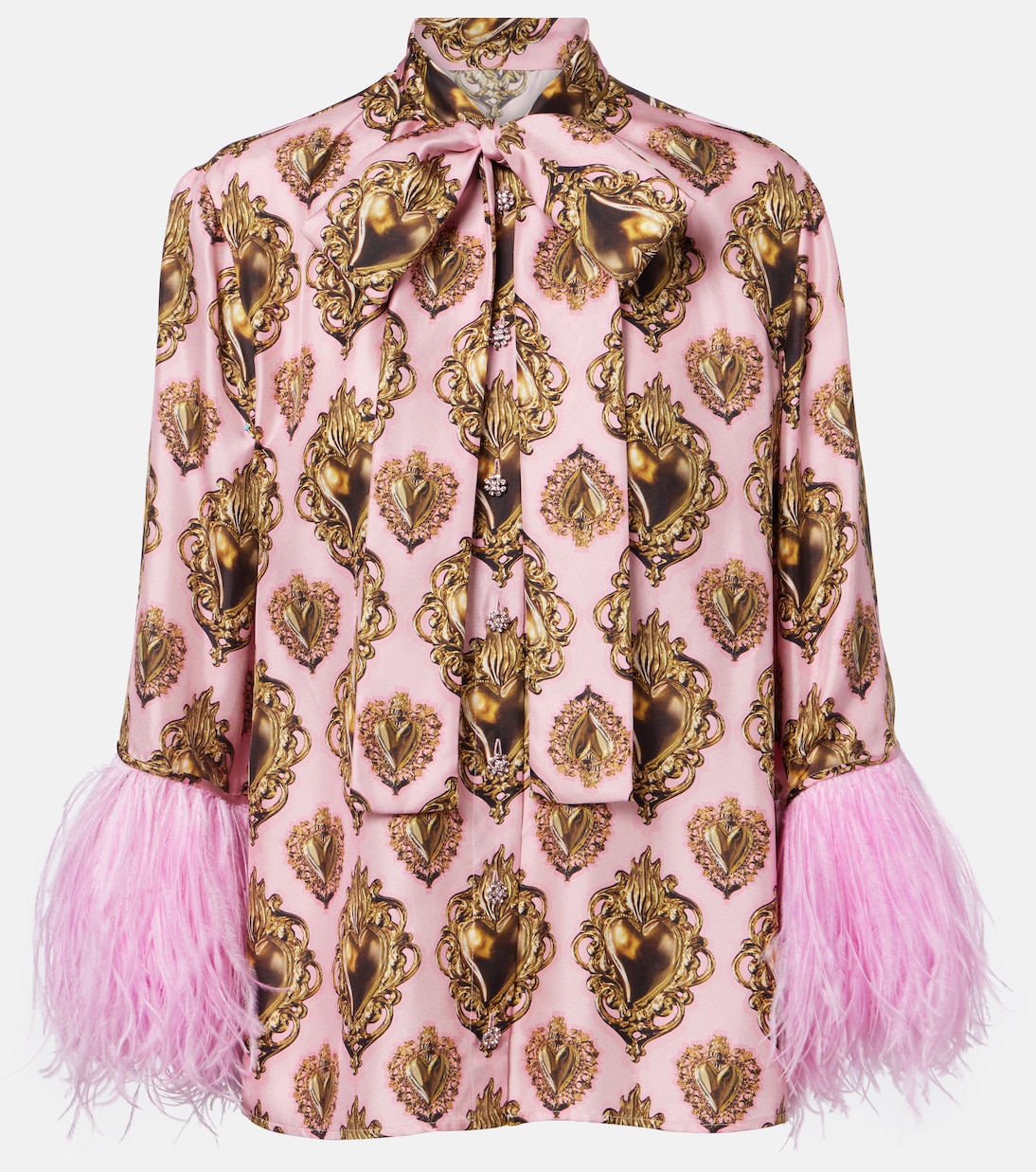 Bedruckte Schluppenbluse aus Seide mit Federn | Dolce&Gabbana