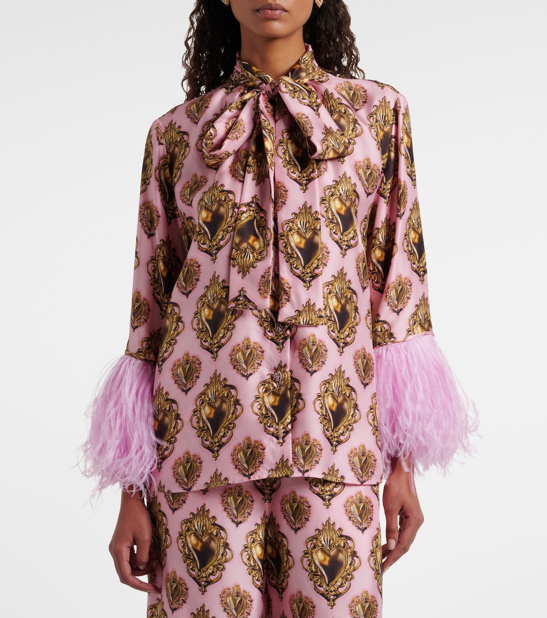 Bedruckte Schluppenbluse aus Seide mit Federn | Dolce&Gabbana