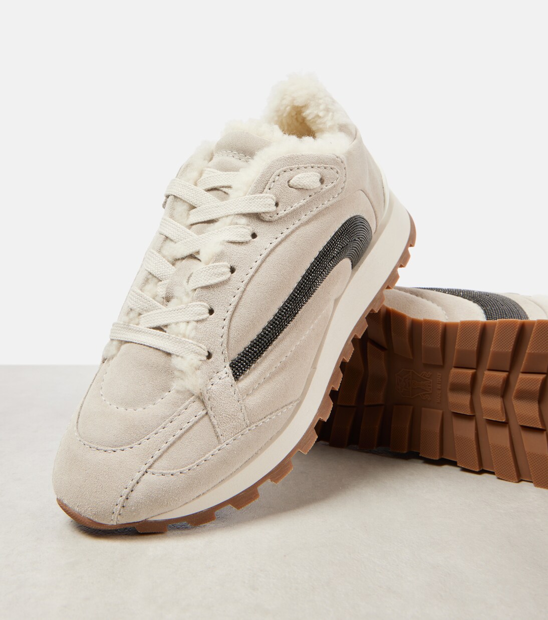 Zapatillas de ante con borrego y cuentas Monili | Brunello Cucinelli