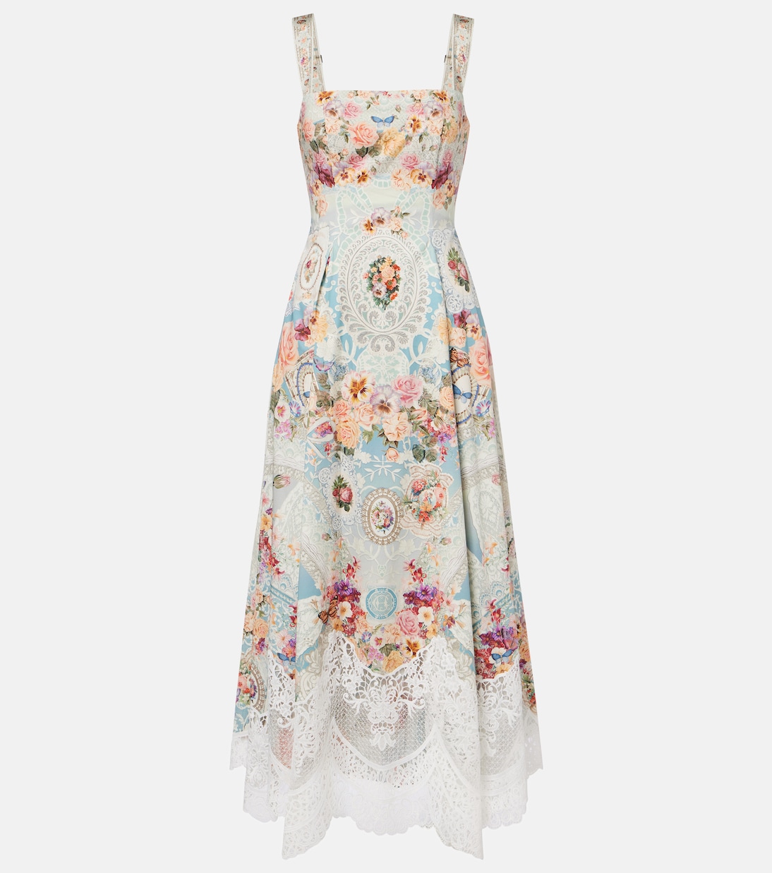 Printed lace-trimmed cotton midi dress | Camilla