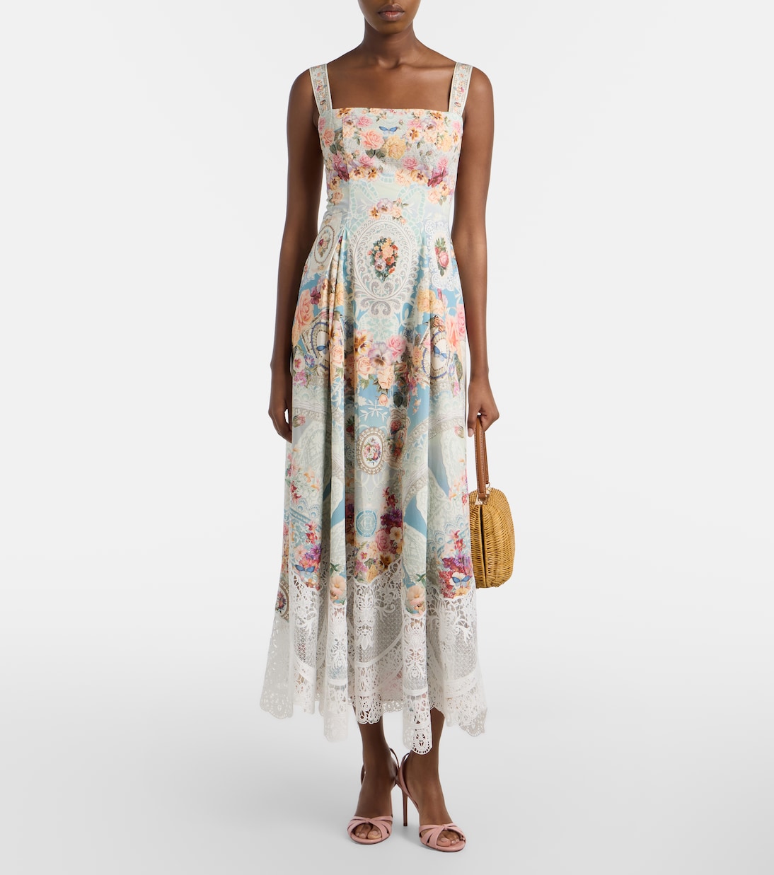 Printed lace-trimmed cotton midi dress | Camilla