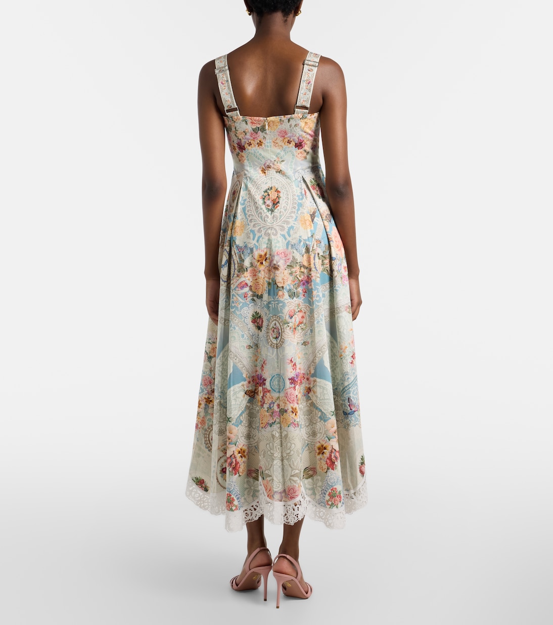 Printed lace-trimmed cotton midi dress | Camilla