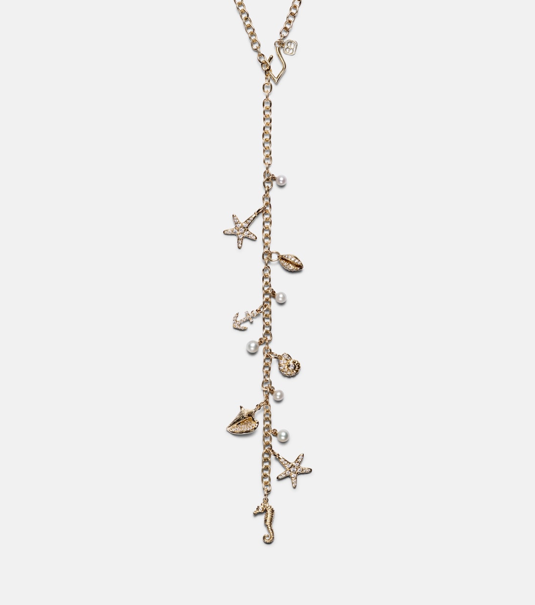 14kt gold charm necklace with diamonds and pearls | Sydney Evan