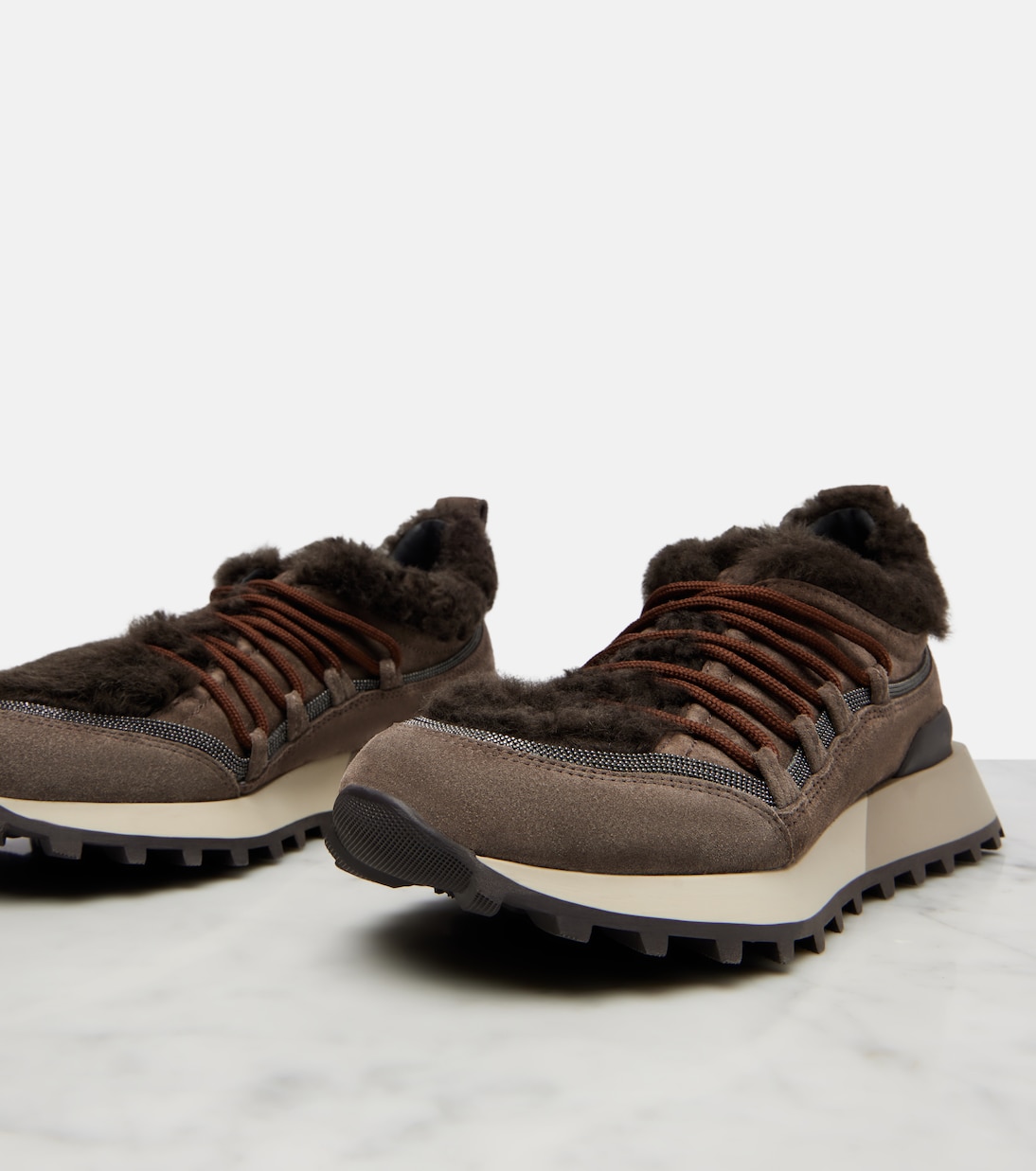Shearling-lined suede low-top sneakers | Brunello Cucinelli