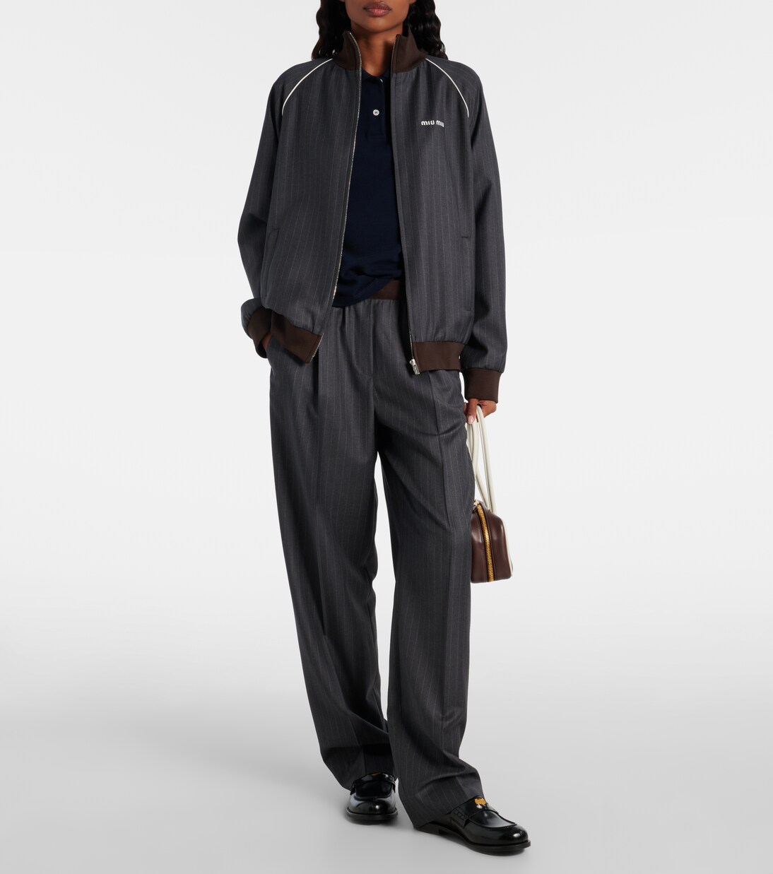 Giacca blouson in lana vergine gessata | Miu Miu