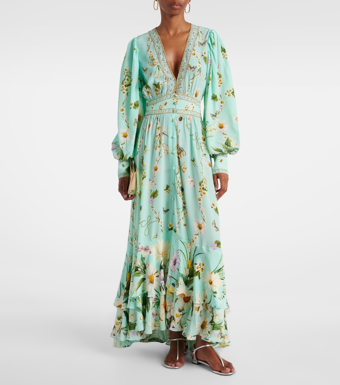 Robe longue Floral Freefall en soie à ornements | Camilla