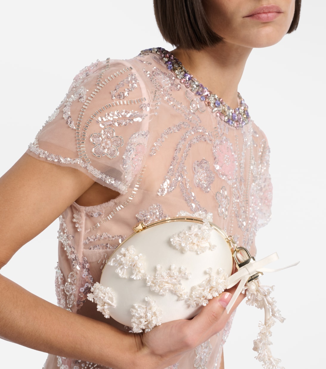 Oval Small embellished satin clutch | Self-Portrait
