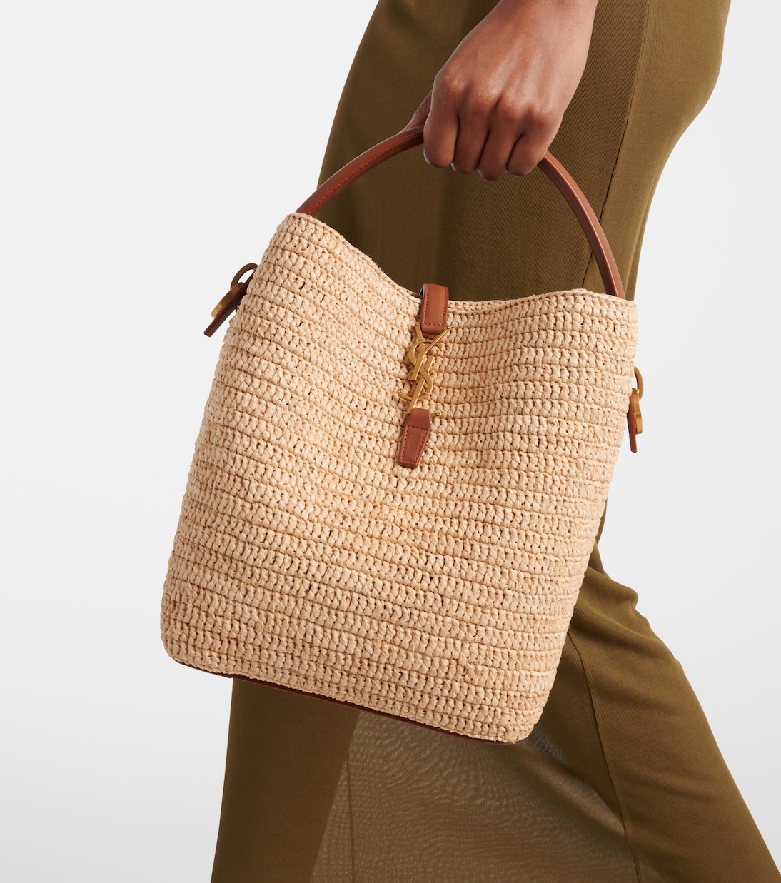 Le 37 leather-trimmed raffia bucket bag | Saint Laurent