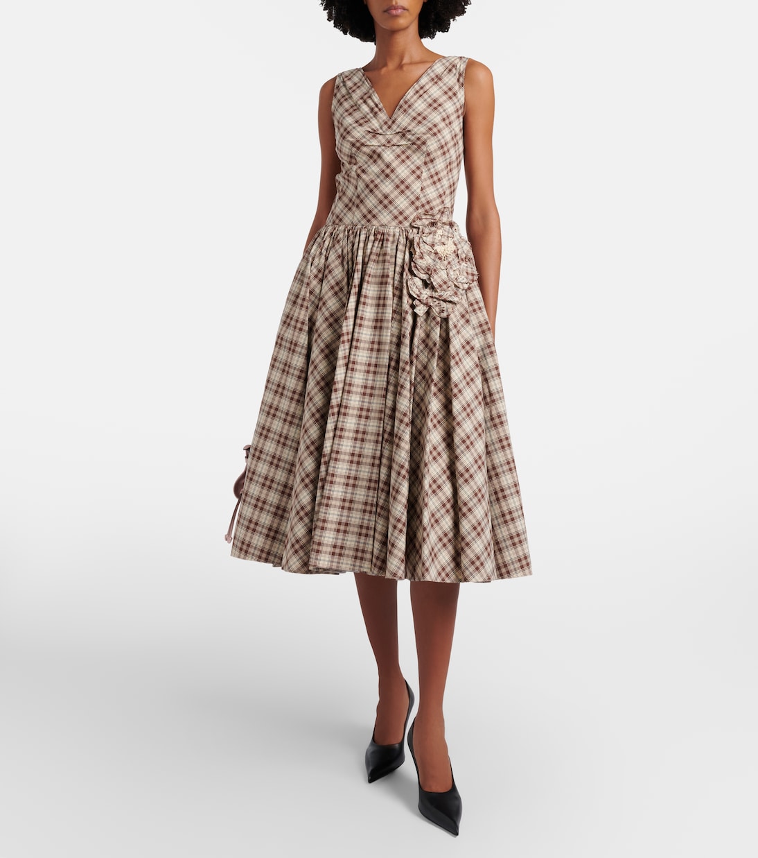 Checked cotton poplin midi dress | Prada