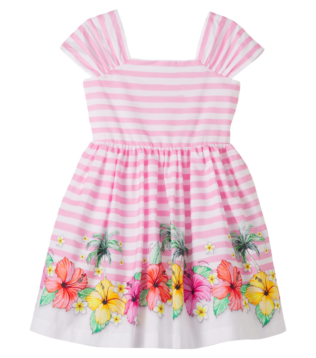 Floral striped tulle-trimmed cotton dress | Monnalisa