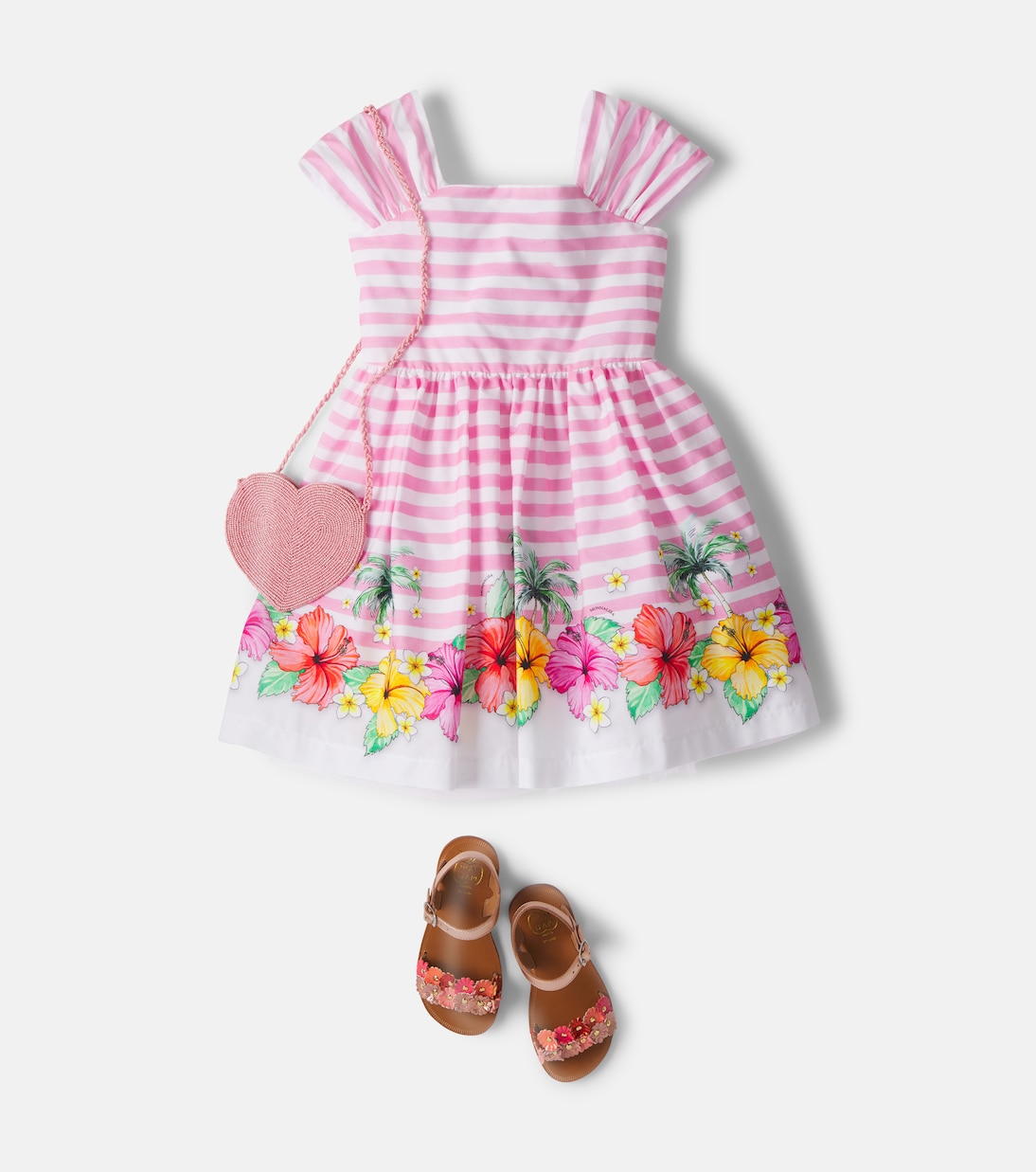 Floral striped tulle-trimmed cotton dress | Monnalisa