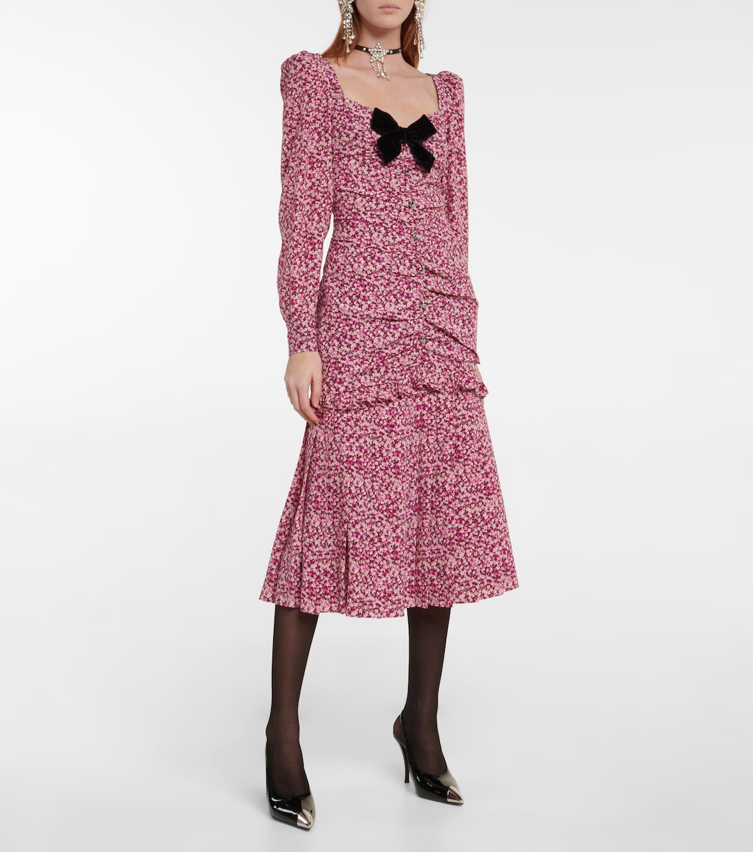 Robe midi en soie à fleurs | Alessandra Rich
