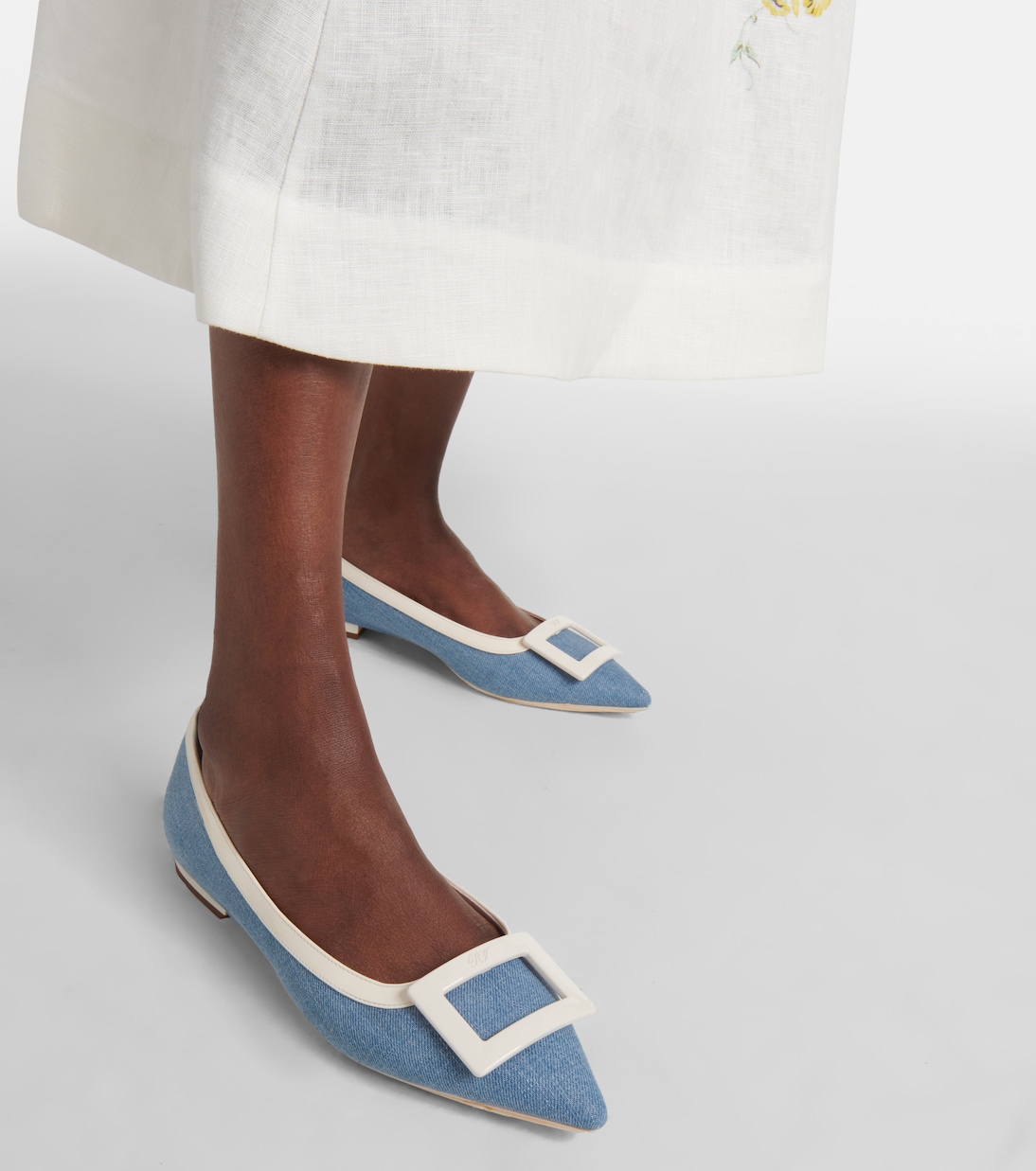 Leather-trimmed denim ballet flats | Roger Vivier