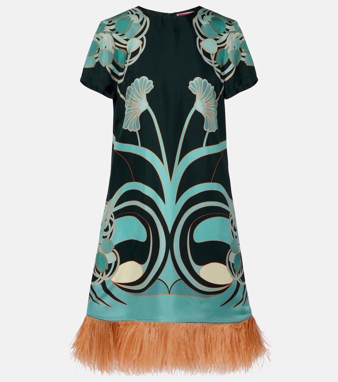 Vestido corto Swing de seda floral con plumas | La DoubleJ