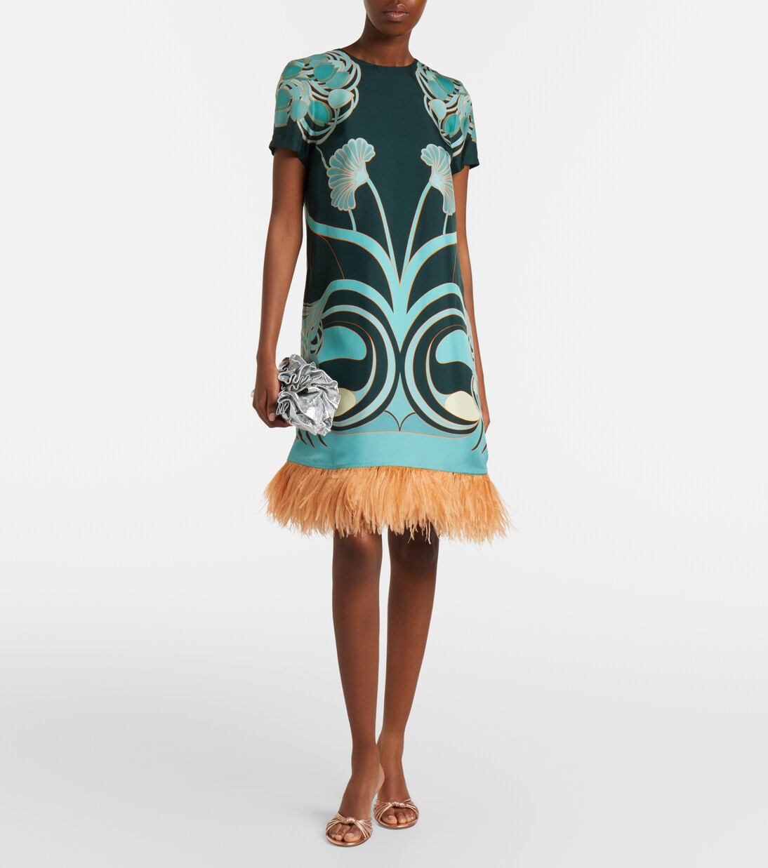 Vestido corto Swing de seda floral con plumas | La DoubleJ