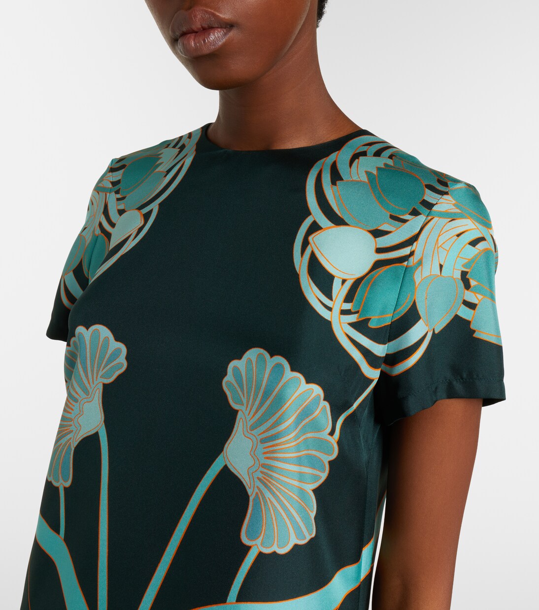 Vestido corto Swing de seda floral con plumas | La DoubleJ