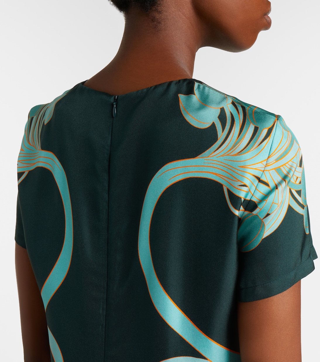 Vestido corto Swing de seda floral con plumas | La DoubleJ