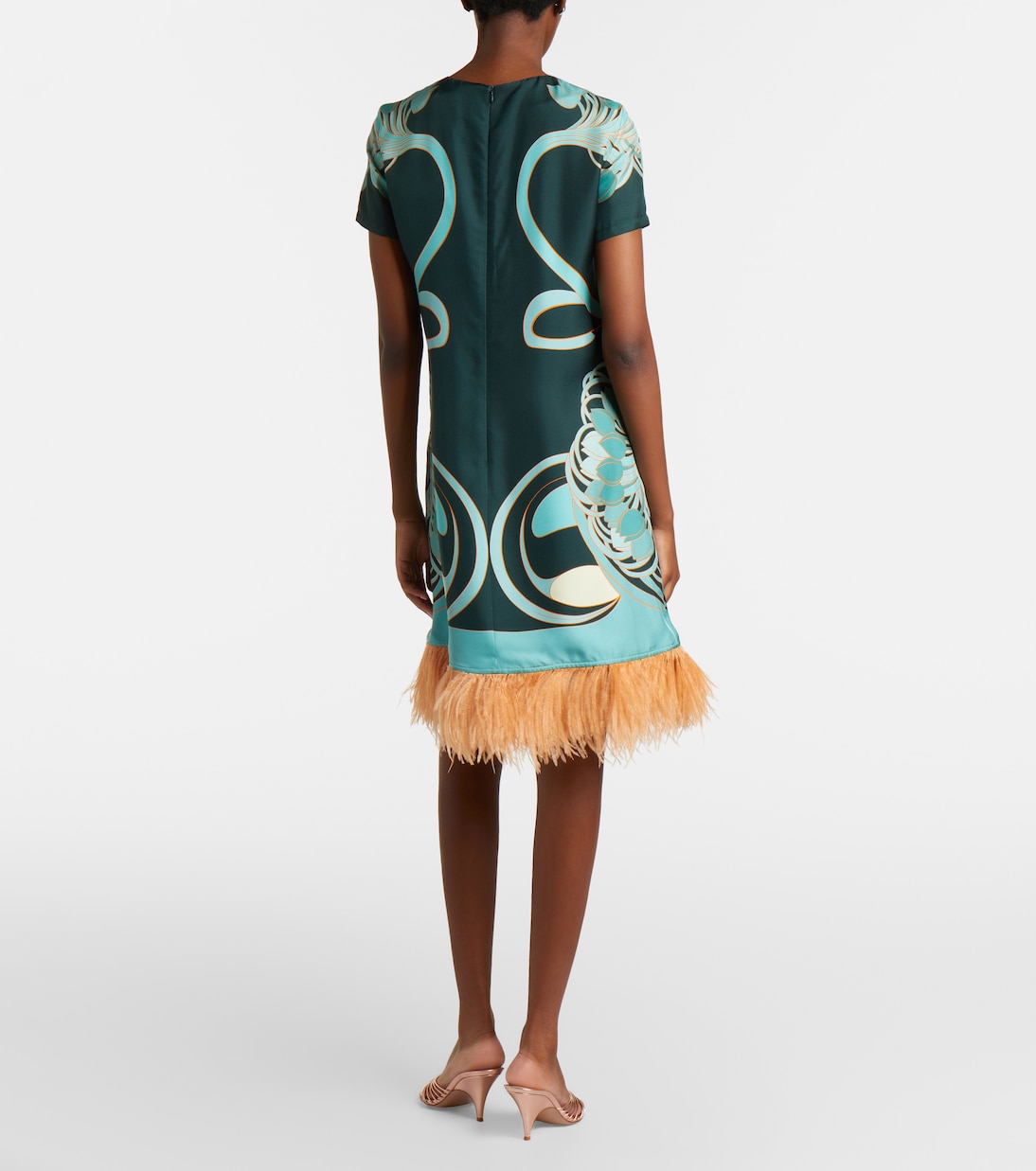 Vestido corto Swing de seda floral con plumas | La DoubleJ